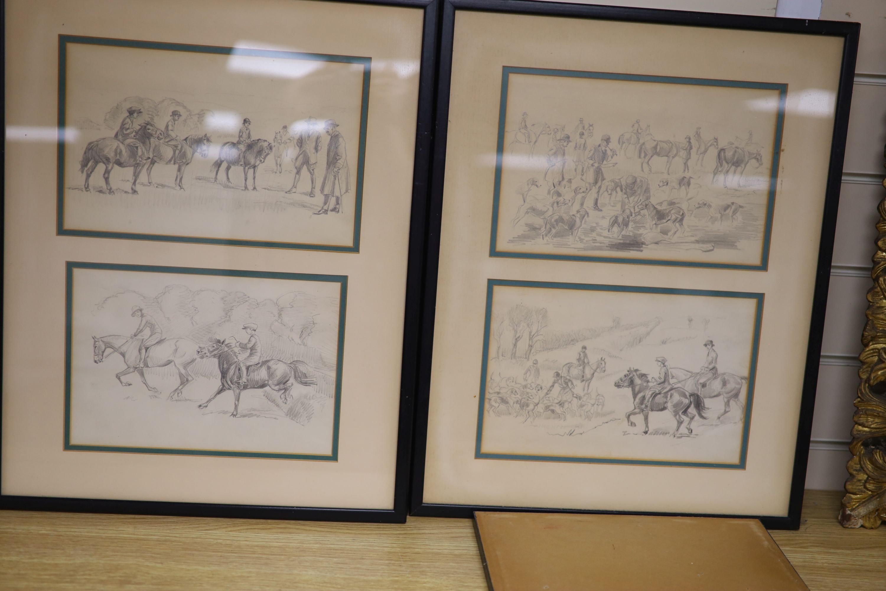 Baron Fritz Weber (d.1931), thirteen pencil drawings, Equestrian subject, 17 x 27cm, in six frames